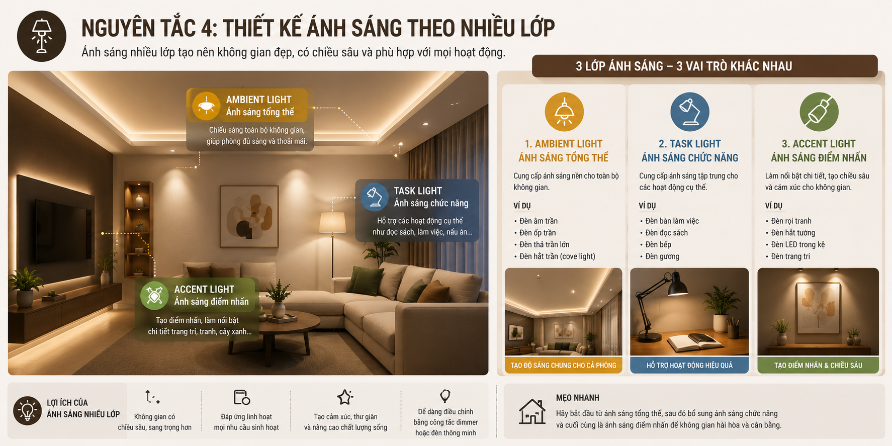Kho Cube VN - Cách decor nhà đẹp - Nguyên tắc thiết kế ánh sáng nhiều lớp