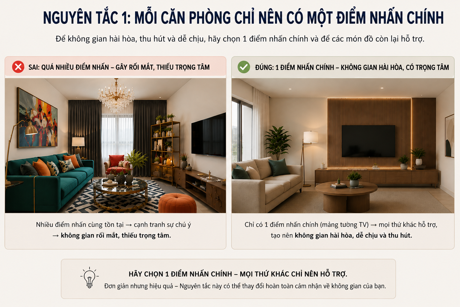 Kho Cube VN - Cách decor nhà đẹp - Nguyên tắc trang trí có điểm nhấn chính phụ trong không gian